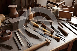 a selection of tools and materials for scupture, including knives, chisels and mallets