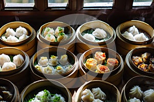 A selection of traditional Chinese dim sum in bamboo steamers. Generative AI