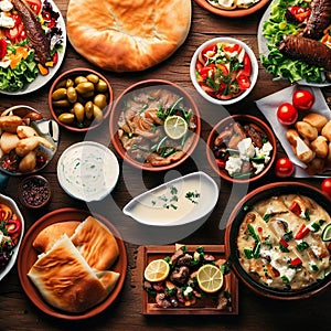 Selection of traditional greek food salad, meze, pie, fish, tzatziki, dolma on wood background, top view