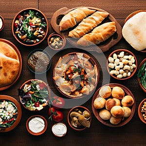 Selection of traditional greek food salad, meze, pie, fish, tzatziki, dolma on wood background, top view