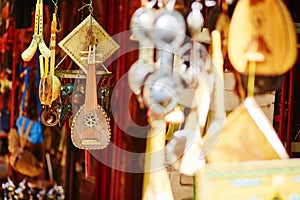 Selection of traditional musical instruments on Moroccan market