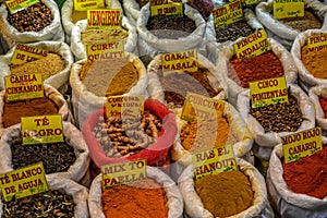 Selection of traditional spices on a market