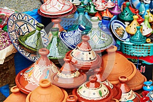 Selection of traditional tajines on Moroccan market