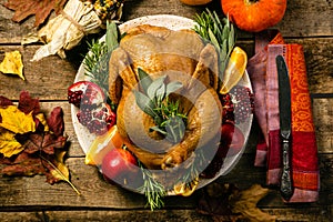 Selection of traditional thanksgiving food - turkey, mashed patatoes, green beans, apple pie on rustic background