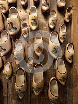 Selection of traditional typical dutch footwear Klompen Klomp clog shoes in Zaanse Schans Amsterdam Holland Netherlands