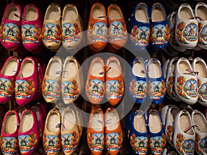 Selection of traditional typical dutch footwear Klompen Klomp clog shoes in Zaanse Schans Amsterdam Holland Netherlands