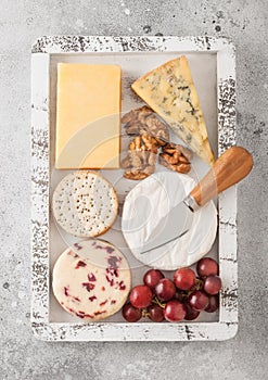 Selection of various cheese in wooden box with grapes and nuts on light table background. Blue Stilton, Red Leicester and Brie