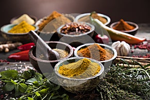 A selection of various colorful spices on a wooden table in bowl