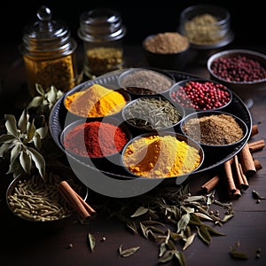 Selection of various herbs and spices displayed in bowls on a rustic wooden table, AI-generated.