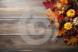 Selection of various pumpkins on wooden table background. Autumn vegetables and seasonal decorations