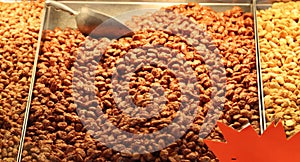 Selection of various types of nuts are displayed in a market