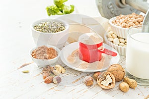 Selection vegan protein sources on wood background