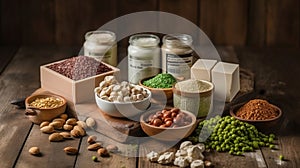 Selection vegan protein sources on wood background. Generative AI