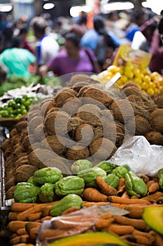 Selection of vegetables from the farmer`s market in Mauritius. The Indian national market.