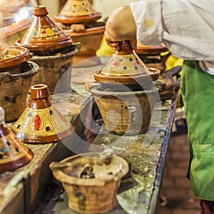 Selection of very colorful Moroccan tajines (traditional casserole dishes)