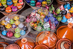 Selection of very colorful Moroccan tajines. Traditional dish, m