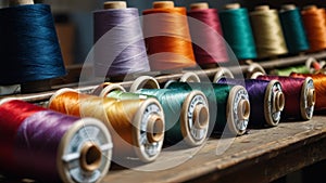 selection of vibrant thread reels arrayed on a workbench, showcasing a variety of colors
