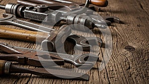 A selection of vintage hand tools is arranged on a rustic wooden surface