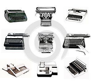 Selection of vintage typewriters and cash registers photo