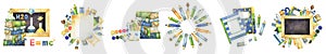 Selection of watercolor school, education, learning and study related icons, whimsical kids clipart arrangements, including books