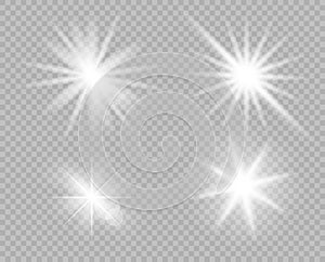 A selection of white bright objects of light, glare. Glitter, explosion, star Shine. Vector decoration of new year, Christmas. photo