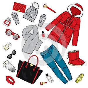 Selection of winter women`s clothing. Jacket, coat, shoes, bag, perfume, cosmetics and other accessories. A set of stickers.