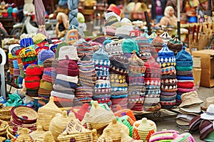 Selection of woolen hats on a traditional Moroccan market