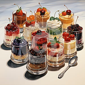 selections of cakes and sweet desserts in glass cups, topped with fruits.