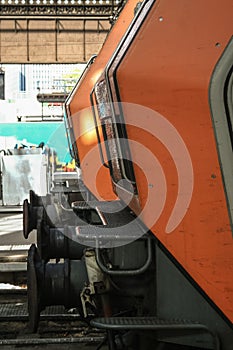 Selective blur on the buffers of electric locomotives on the tracks and platforms of Paris Gare d`austerlitz train station