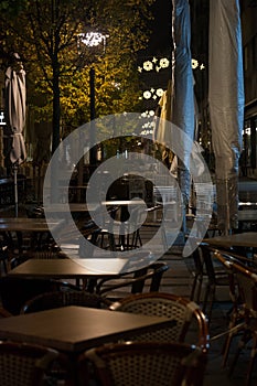 Selective blur on an Empty terrace and patio of a bar restaurant of Belgrade, Serbia in an evening night, closed due to covid 19