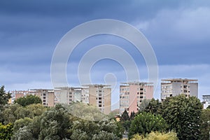Selective blur on a High rise building from Arad, Romania, a traditional communist housing ensemble with a brutalist style, with a