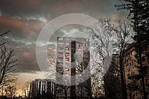 Selective blur on a High rise building from Novi Beograd, in Belgrade, Serbia, a traditional communist housing ensemble with a