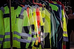 Selective blur on high visibility safety coats and jackets, personal protective equipments, for sale outside, fluorescent colors. photo