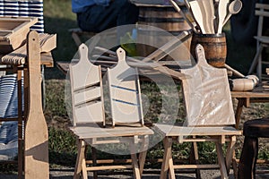 Selective blur on a mandoline displayed outdoor, wooden, artisanal.