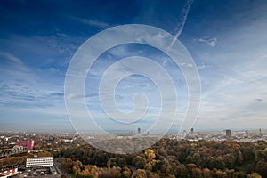 Selective blur on a panorama of Cologne, an aerial view, in the morning, with a focus on suburbs and koln neustadt. Cologne is the