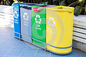 Selective collection of garbage colored containers with inscriptions in Turkish and English for separate waste