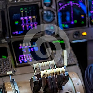 Selective focus of airplane cockpit instruments on blurred background