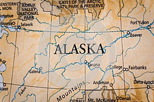 Selective Focus Of Alaska On A Geographical And Political State Map Of The USA