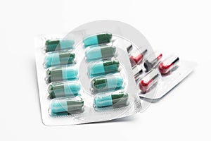 selective focus of antibiotic capsules pills on blur background