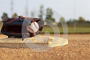 Selective focus of a baseball in a leather mitt on a base of a baseball park infield on a sunny afternoon