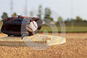 Selective focus of a baseball in a leather mitt on a base of a baseball park infield on a sunny afternoon photo