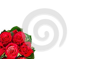 Selective focus beautiful fresh red roses flower bouquet with green leaves on white background isolated Love, texty copy sapce for