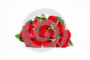 Selective focus beautiful fresh red roses flower bouquet with green leaves on white background isolated Love, texty copy sapce for