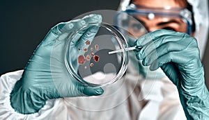 Selective focus of biochemist in hazmat suit holding petri dish with biomaterial photo