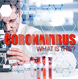 Selective focus of bearded biochemist looking