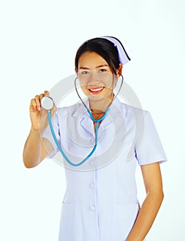 Selective focus on blue stethoscope in the hand of the nurse