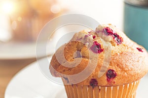 Selective focus Blueberry muffins in a basket  baked blueberry muffins cooling with warm lighting