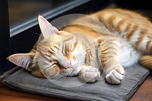 Selective focus captures a peacefully sleeping brown and white cat