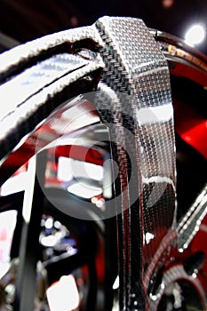 Selective focus. Car alloy wheels at shop