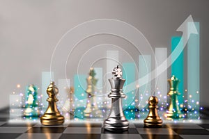 Selective focus of chess and growth business graph behind chess. World map in the background. The concept of the key success of